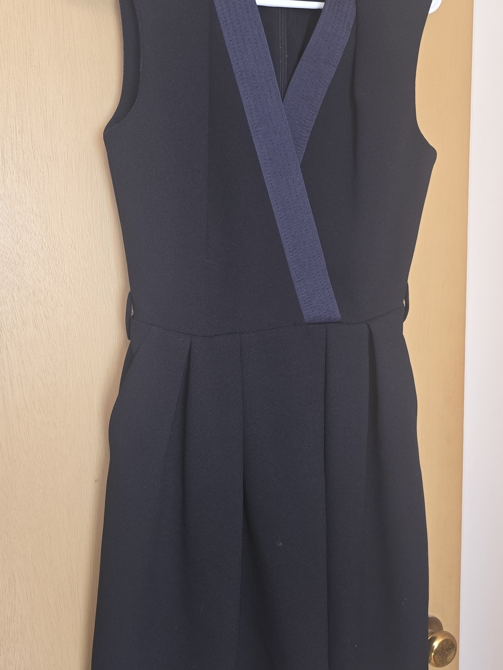 Sleeveless Navy Mini Dress with Contrasting Trim Front